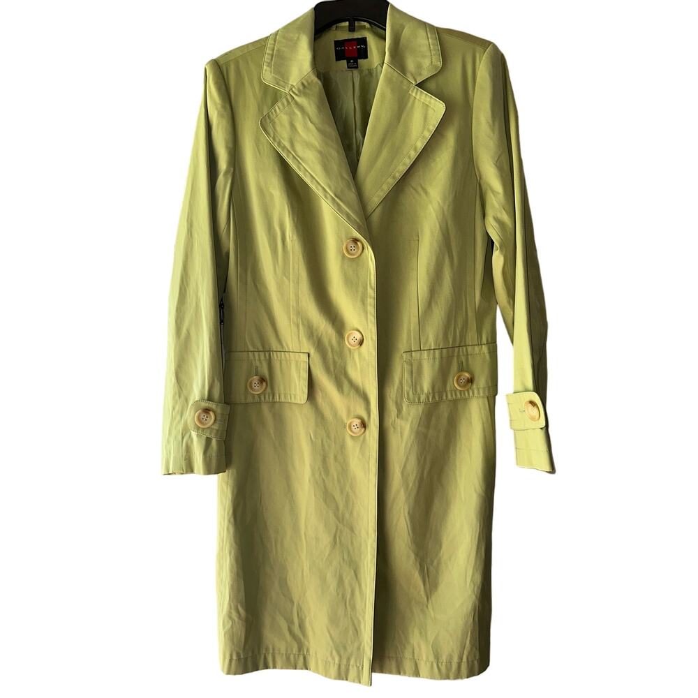 Gallery Women’s Size Medium Green Trench Coat Rain Jacket 3 Button Pockets